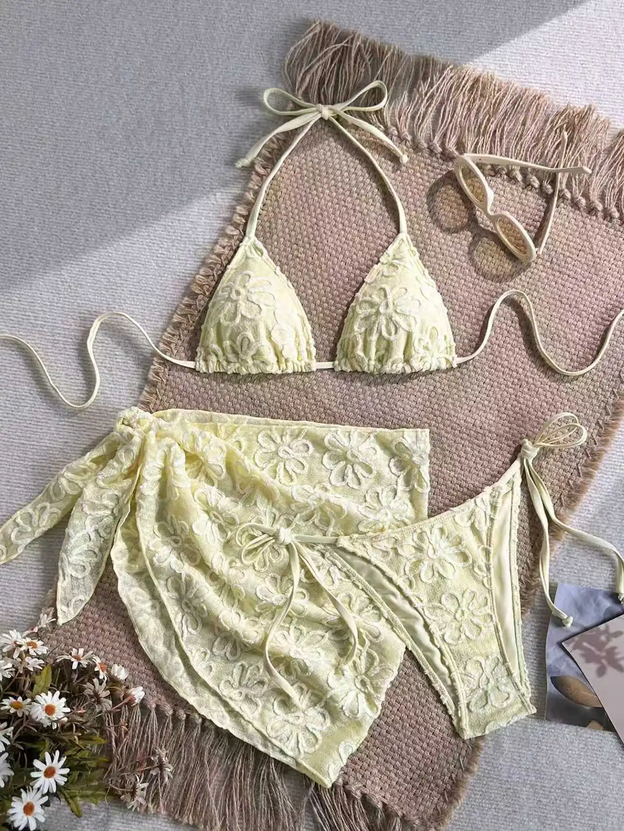sexy light yellow flower pattern halter tie bikinis sets three pieces mesh cover skirt swimsuits bathing suit swimwear biquini