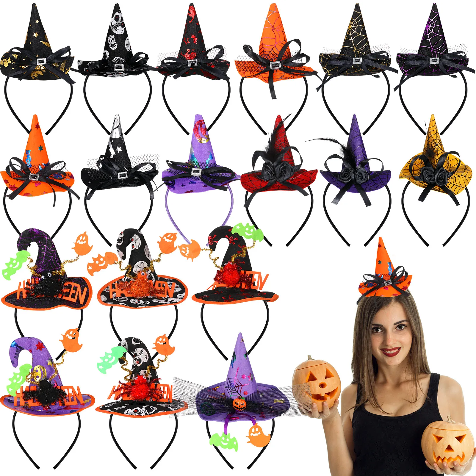 18 Packs Halloween Witch Hat Headbands - Scary Plastic/Fabric Witches Hats for Cosplay Costumes, Party Favors, Themed Events