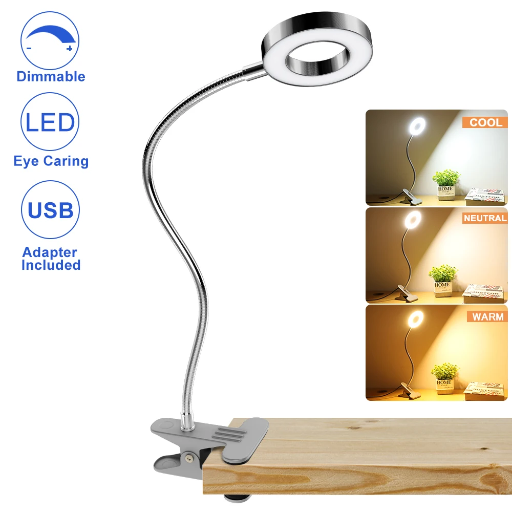 

Silver 6W LED USB Clip-On Reading Lamp, Switchable Light Colors with Adapter, Aluminum Desks, for Books and Desks