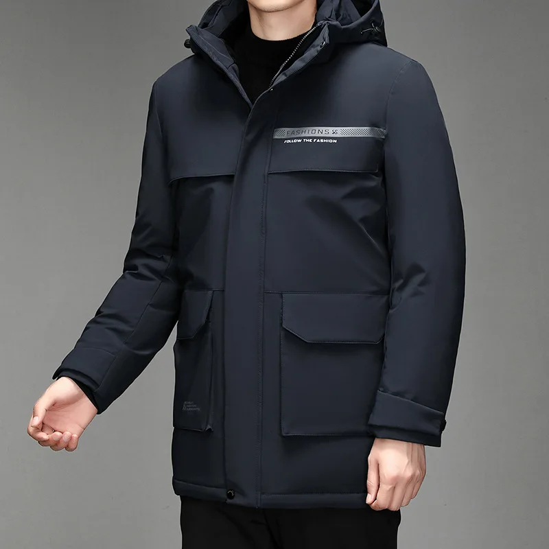 Down jacket with detachable hood and thickened extreme cold medium length casual winter black jacket for men's clothing