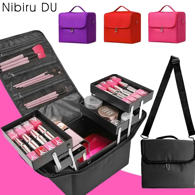 

5 цветов, большой 4-х ярусный профессиональный органайзер для ногтей, чехол для переноски макияжа, женская дорожная сумка, коробка для хранения с регулируемой сумкой