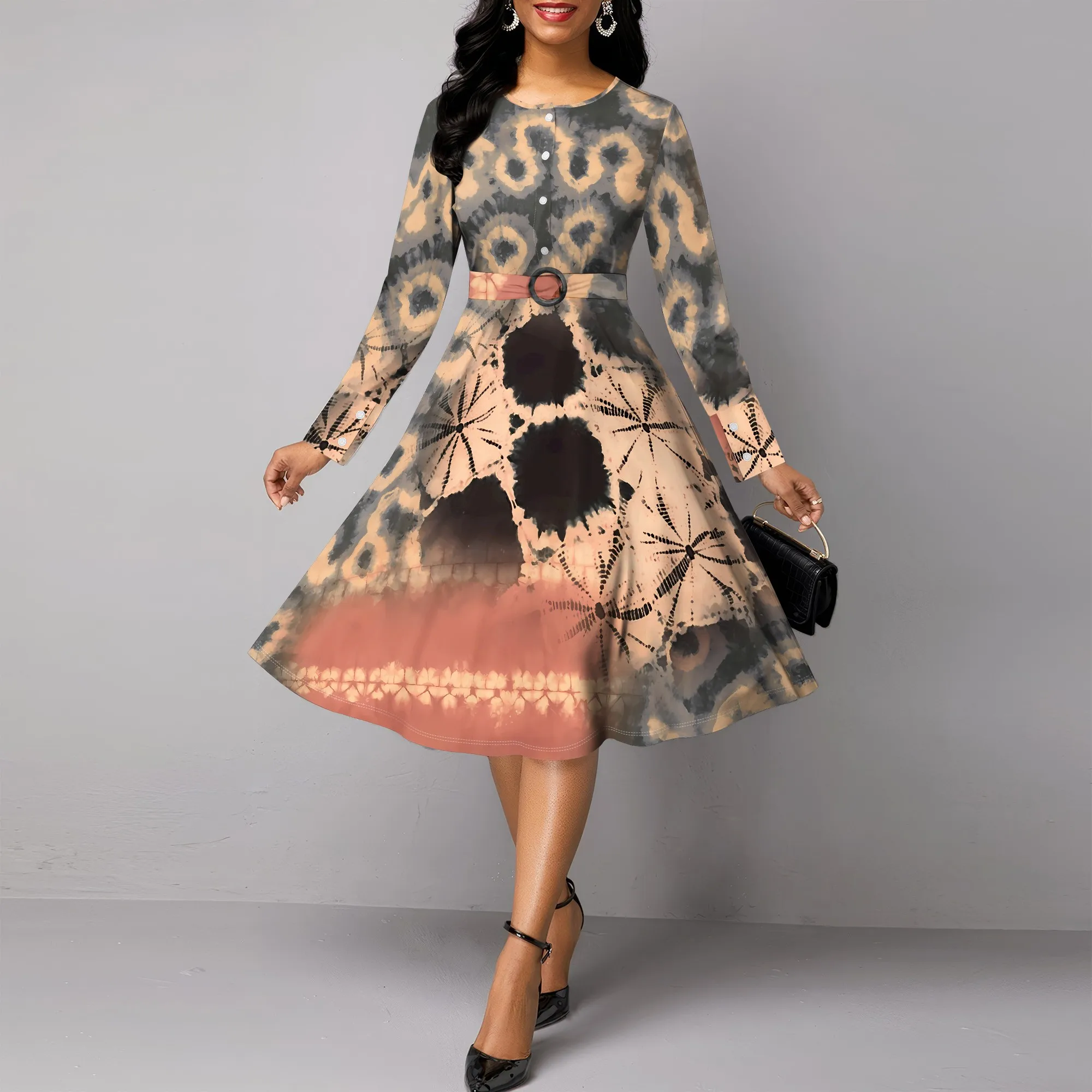 

Nupusa Tie - Dye Print Dress for Women Standard Size Summer Casual Crew Neck Long - Sleeve Dress