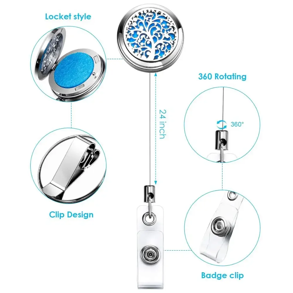 악어 클립 에센셜 오일 디퓨저가 있는 개폐식 배지 릴 홀더 2 세트, 아로마 테라피 간호사 의사 교사용