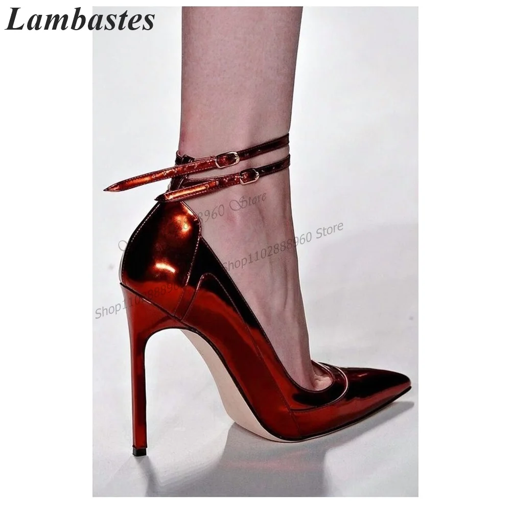 

Runway Red Metallic Leather Pumps Stilettos High Heel Women Shoes Ankle Buckle Strap Pointed Toe 2023 Sexy Zapatos Para Mujere