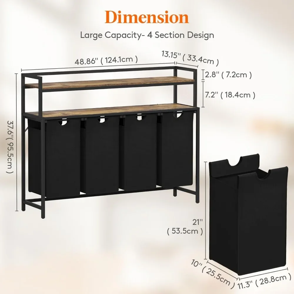 Cesto de roupas mais vendido, 4 seções, 168l, organizador de cesta de roupas para lavanderia, marrom rústico