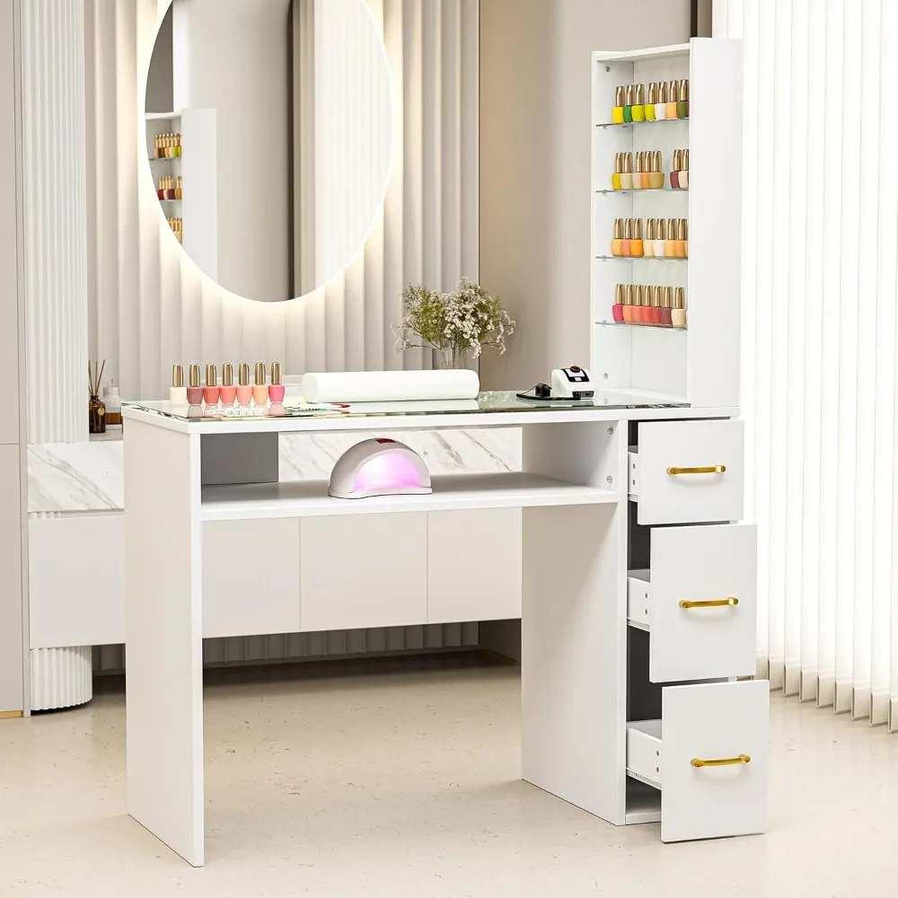 

Manicure Table for Nail Tech with Drawers, Glass Top Nail Desk Station w/Storage Shelves, Wrist Cushion, Golden Handles