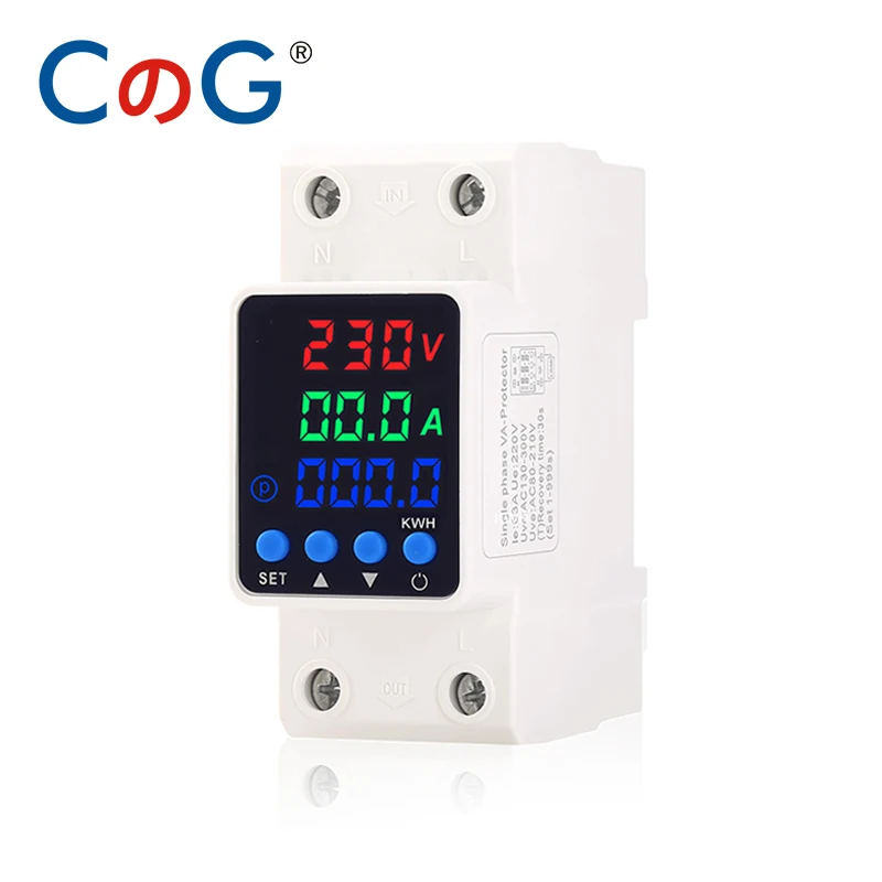 CG Adjustable Over Under Voltage Current Protector 63A with KWH Measuring AC220V Digital Display Voltage Protection+DIN Rail