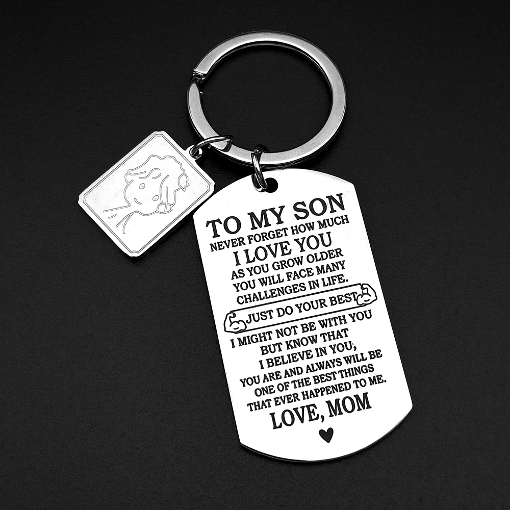 Schlüsselanhänger „An meinen Sohn“ mit Hundemarke, Liebe, Edelstahl, silberfarben, inspirierendes Zitat, Geburtstagsgeschenk für Mama und Sohn, Schmuck – Detail 4