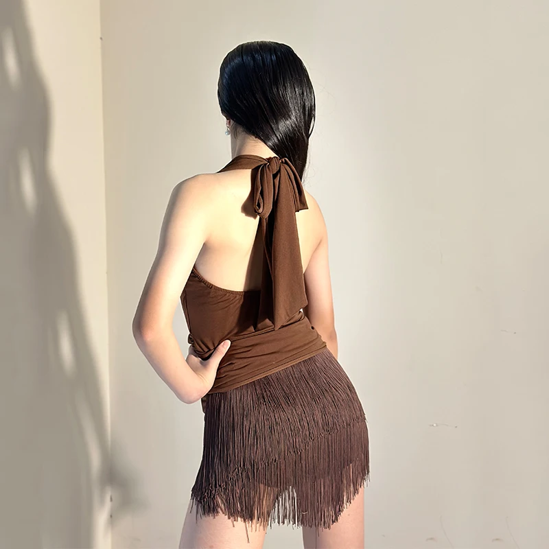 2026 New Sexy Latin Dance Dress Brown Fringe Sleeveless Practice Dress Adult Women Cha Cha Rumba Samba Dance Costume