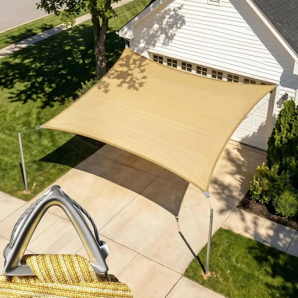 Commercial Grade Beige Sun Shade Sail, 20' x 20', UPF 50+, Reinforced, 260 GSM Fabric, 3-Year Durability, Custom Sizes Available