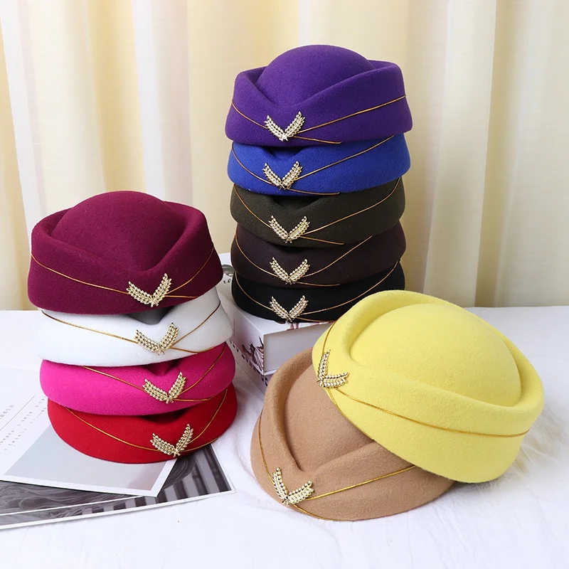 Topi Pramugari Pesta Liburan Wanita Warna solidna Topi Baret moda Musim Semi Musim Gugur Wol Topi Pertunjukan Panggung