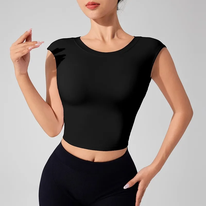 ملابس اللياقة البدنية النسائية بدون ظهر مع وسادة صدر ثابتة، تي شيرت جميل بأكمام قصيرة للرقص، ملابس لليوجا #5