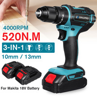 3 IN 1 520N.M 13mm 10mm Chuck Torque Electric Drill Flat Hammer Impact Drilling Electric Screwdriver for Makita 18V Battery