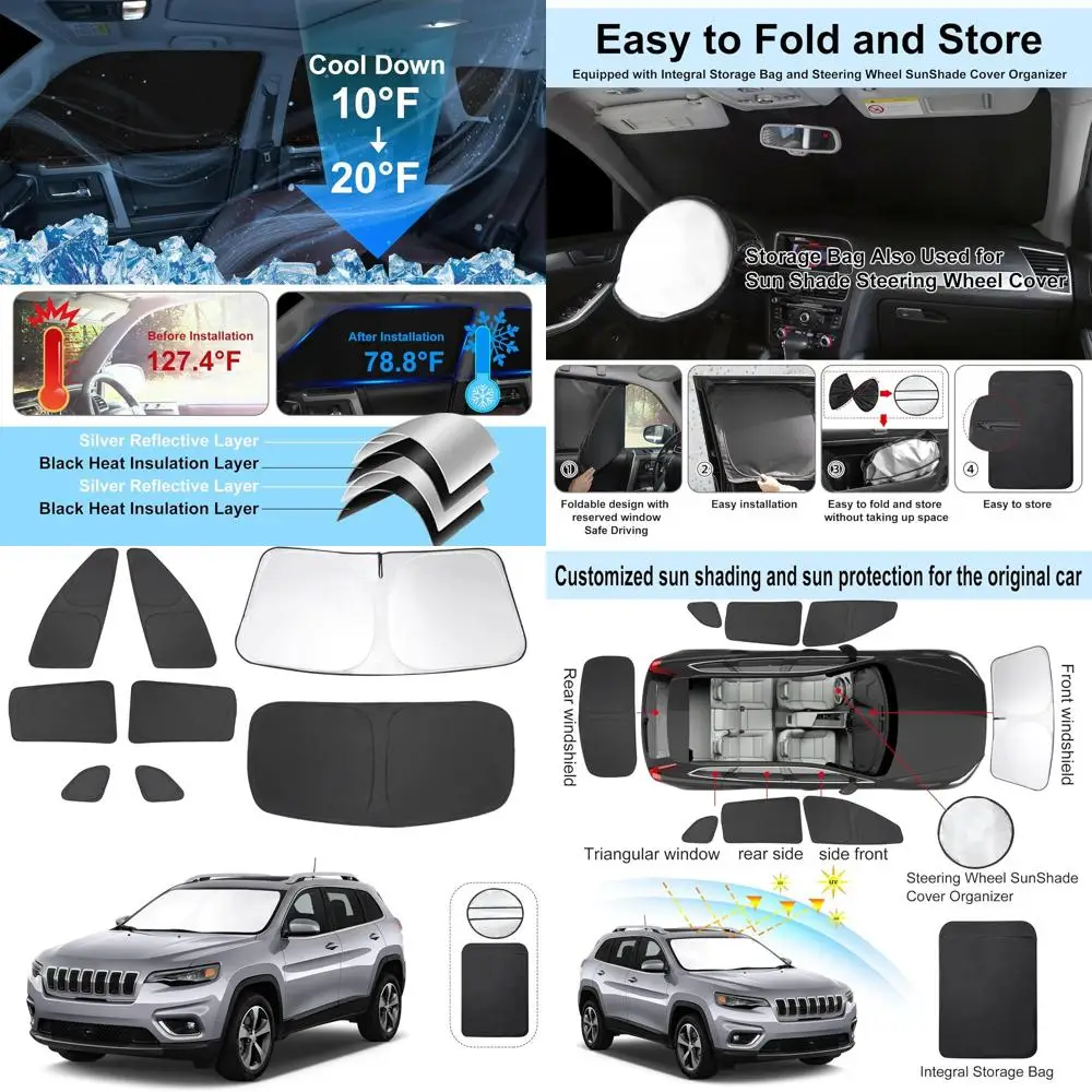 

Universal Windshield Sun Shade Set for 2014-2024 Trailhawk, Overland, Limited, Latitude, Altitude Models - Keeps Car Cool and Pr