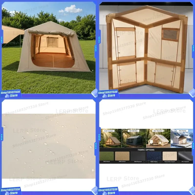 396x270cm Inflatable Air Beam Ridge Tent Luxury 420D Oxford Glamping Cabin High Strength PVC Column Waterproof Khaki Outdoor