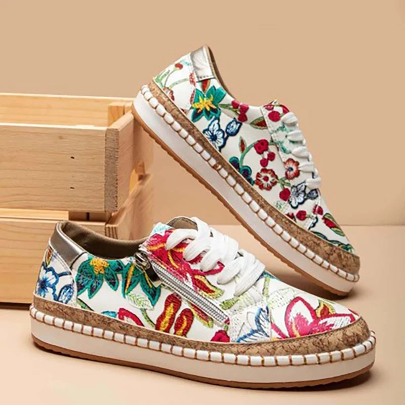 Sapatilhas florais elegantes estampadas com renda para mulheres, sapatos baixos femininos, dedo do pé redondo, sapatos femininos vulcanizados, moda casual, novo