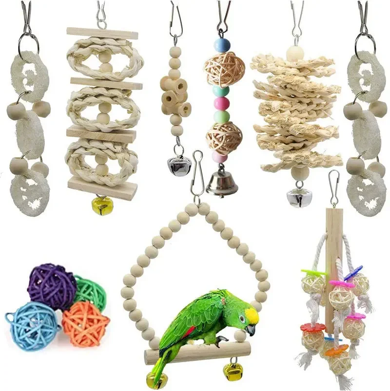 Bird Toy Combination Set, Natural Wood Color Bite Swing Hanger, Tengqiu Cross border Exclusive Supply, Parrot Bite Toy in Stock