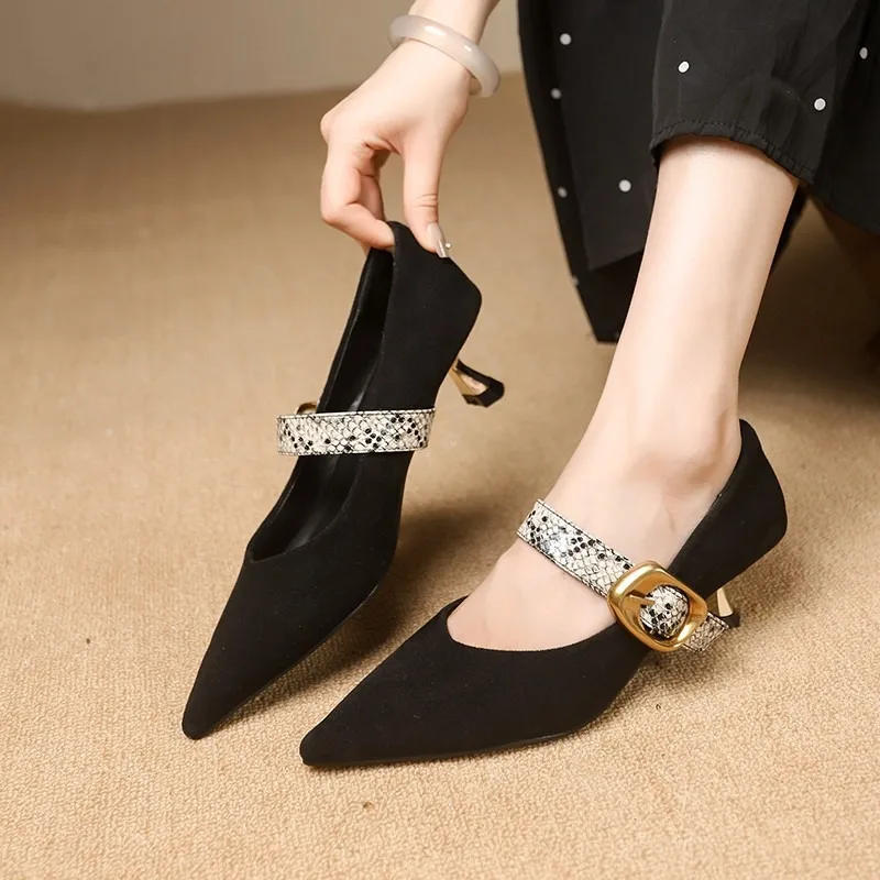 Fashionable Matte Finish Mid Heel Single Shoes for Women Spring New Style Sharp Pointed Toe Mary Jane Shoes with Buckle Design