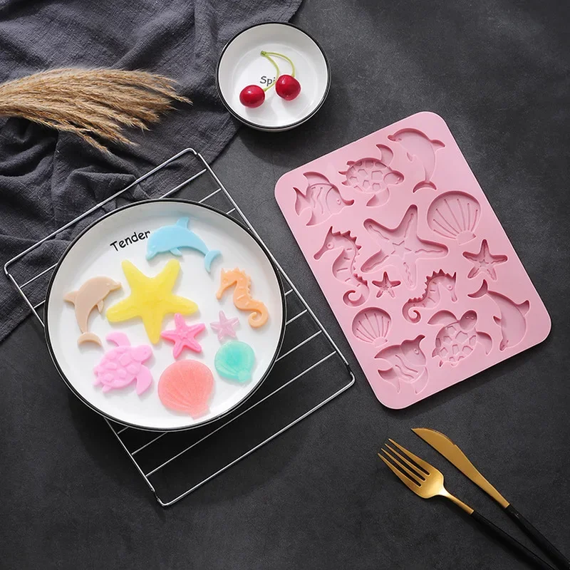 Lovely Shell Starfish Silicone Chocolate Mold Fish Dolphins Fondant Cake DIY Decorating Tool Clay Resin Art Mould Household Tool