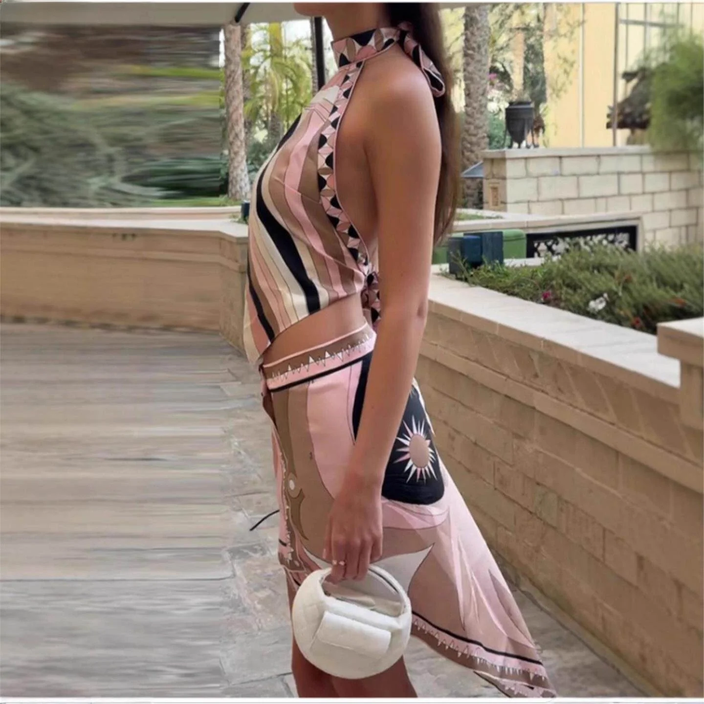 Sexy Satin Halter Neck Backless Top Skirt Shorts Set Vacation Women's Fashion mid Low Waist Printed Casual Pants for Ladies