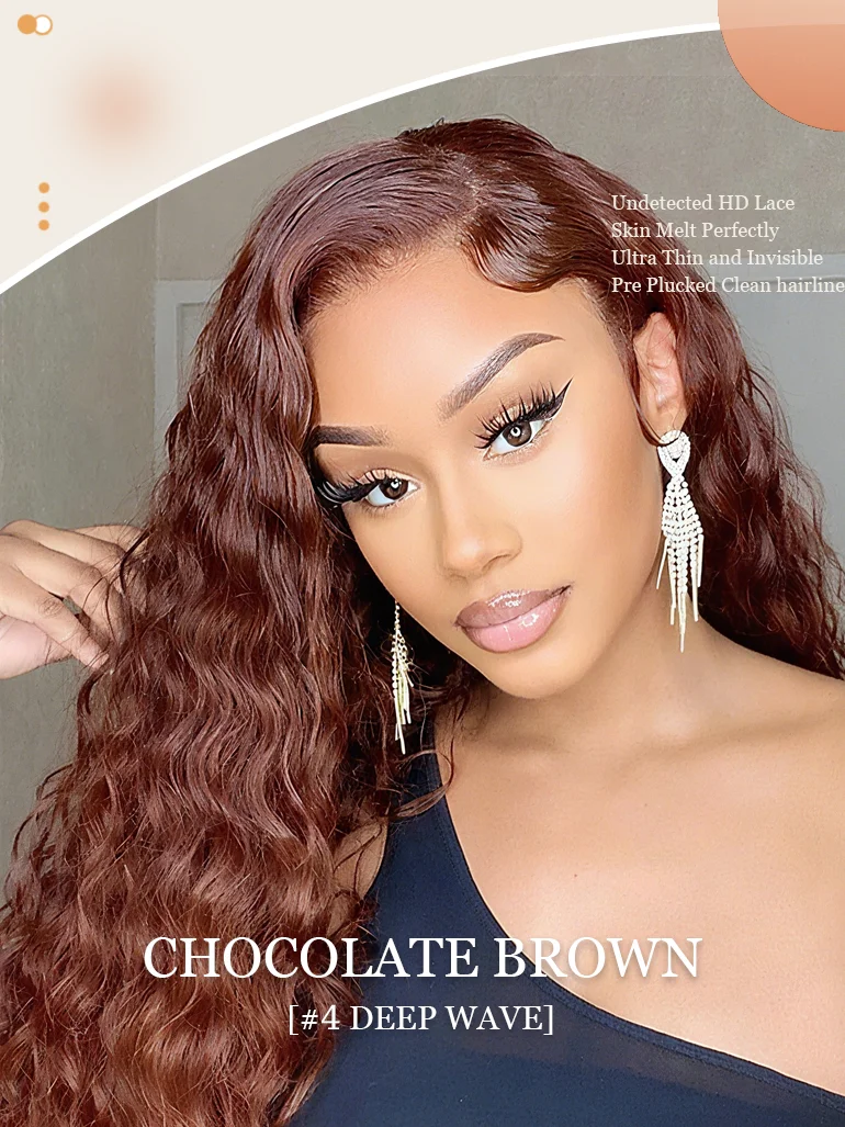 موجة عميقة 13x6 شعر مستعار بدانتيل أمامي 36 بوصة 220% # 4 باروكات شعر بشري برازيلي بدانتيل أمامي شفاف عالي الدقة بلون بني شوكولاتة للنساء