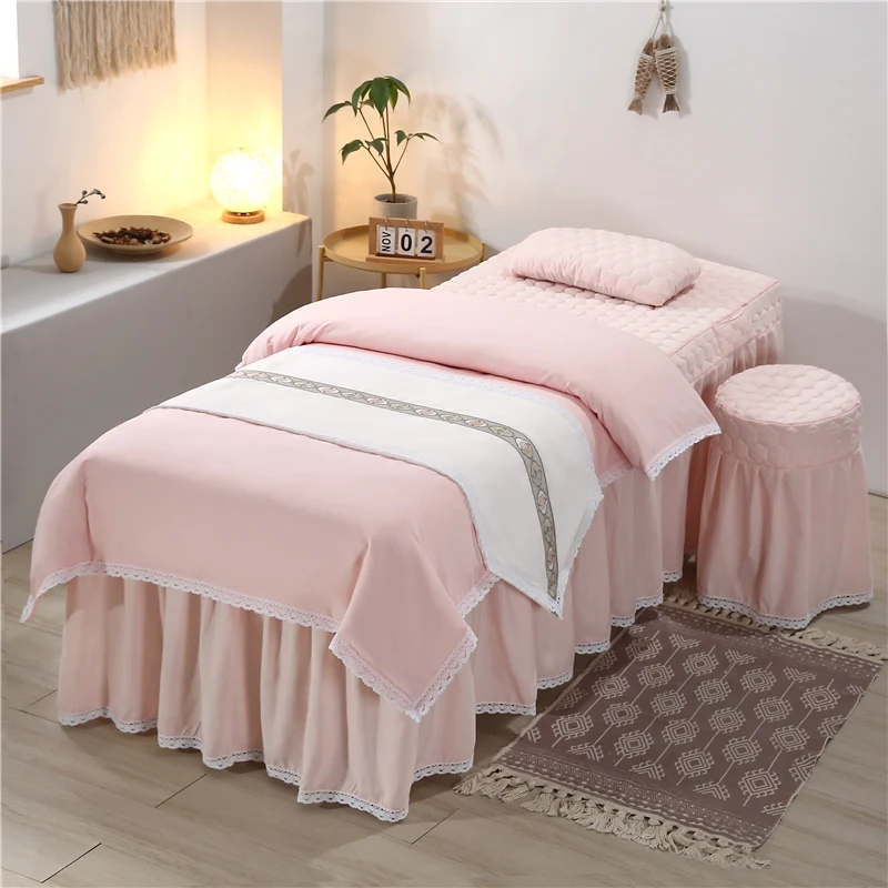 High Quality Custom Logo 4-6pcs Beauty Salon Bedding Sets Massage Spa Use Bedspread Duvet Cover Bed Skirt Quilt Sheet #s