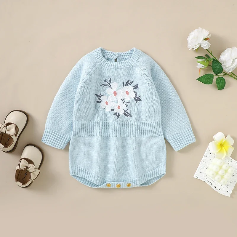 

Newborn Baby Bodysuit Knitted Infant Girl Jumpsuit Embroidered Florals Children Kid Clothing Long Sleeve 0-18M Overalls Top Fall