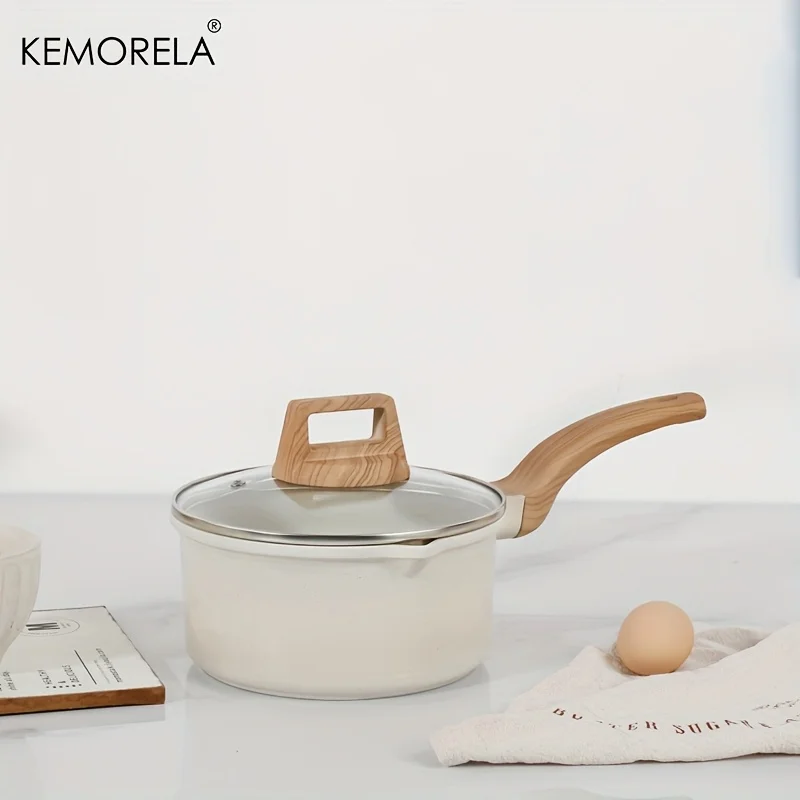 1PCS Non-Stick Saucepan Set with Lid - Induction Compatible Pour Spout Light Beige with Wooden Handles Ideal for Kitchen Cooking