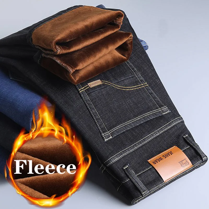 Brand Autumn Winter Warm Flocking Denim Soft Man Activities Fleece Line Men Jeans Black Blue Grey Colors