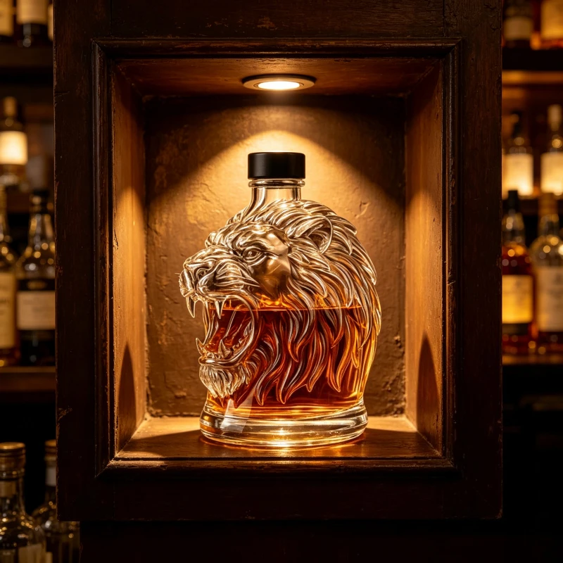 Bouteille à whisky en verre transparente en forme de tête de lion, carafe à liqueur unique pour bar, collection ou cadeau