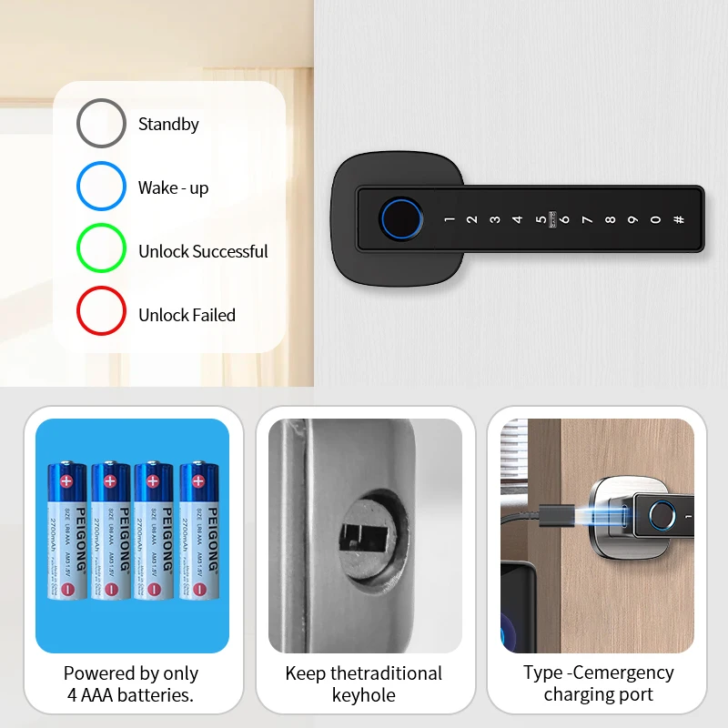 Tuya Bluetooth Fingerprint Smart Door Lock Key IC Card with Bluetooth APP Control for Bedroom and Hotel Conference Room Office