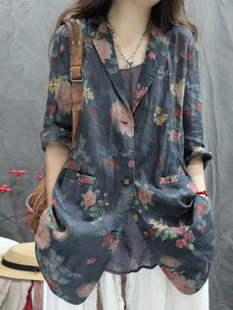 

Ethnic Floral Print Linen Jaet Women's Summer High End plus Size Belly Cover Cotton Linen Seven Sve Busin Suit Top