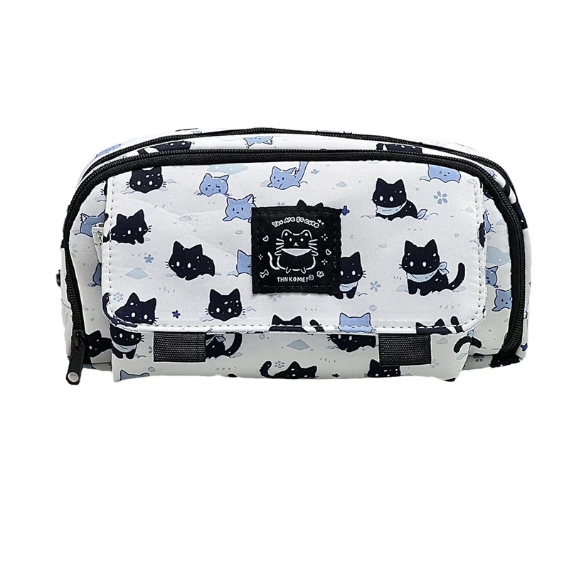 Estuche para bolígrafos con estampado de gato nevado lindo de dibujos animados, organizador de gran capacidad, bolsa de almacenamiento de papelería multifuncional, bolsa portátil para bolígrafos