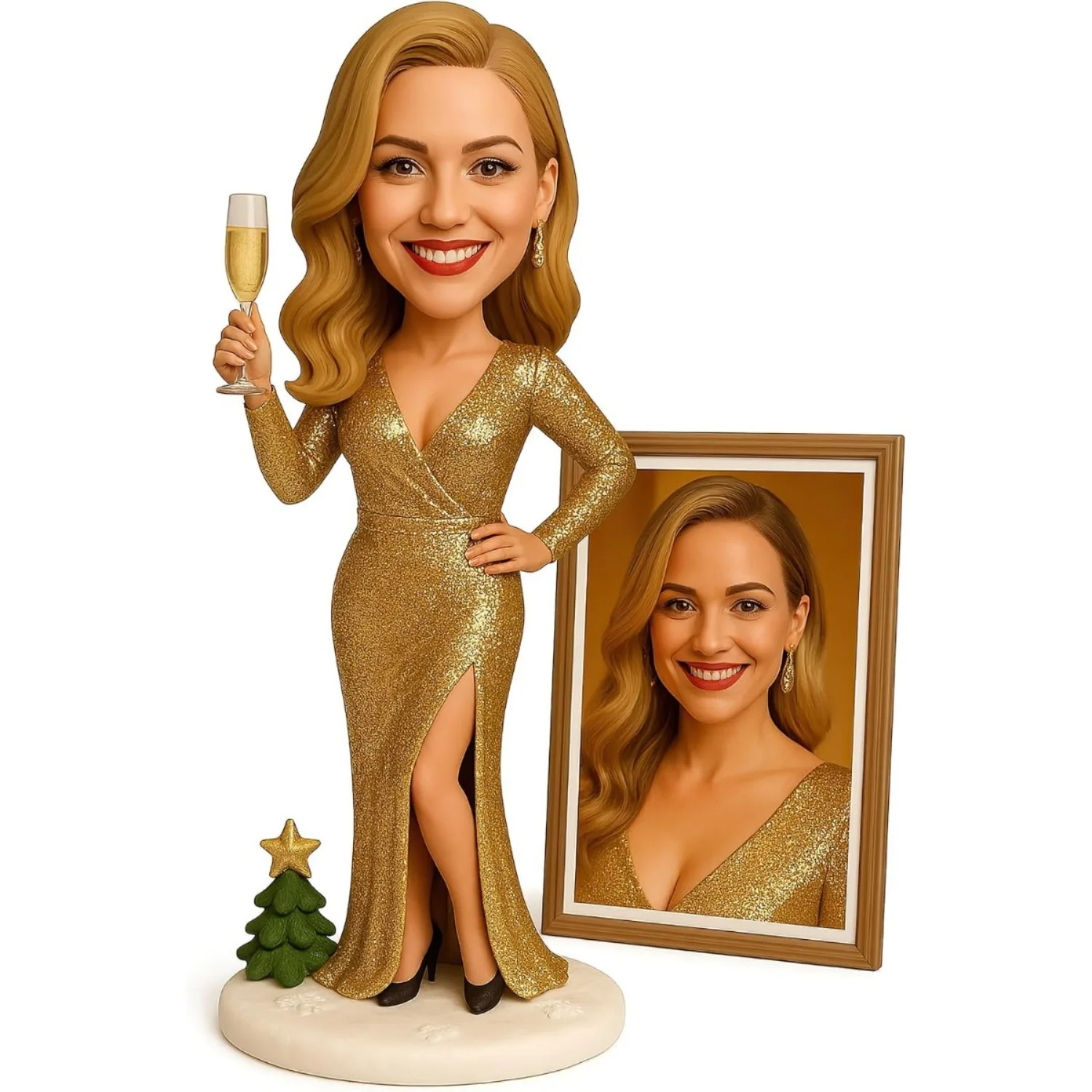 Custom Bobblehead Glam Dress with Champagne Glass 6 7 8 Inch Personalized from Photo Clay Figurine Valentines Day Gift for Her