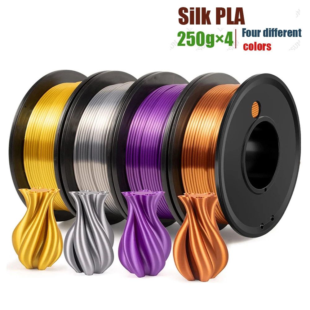

Silk 3D Printing Filaments PLA+ 1.75mm 3D Printing PLA 250g (0.55lb) x 4 Spools, Silk Copper/Gold/Silver/Purple