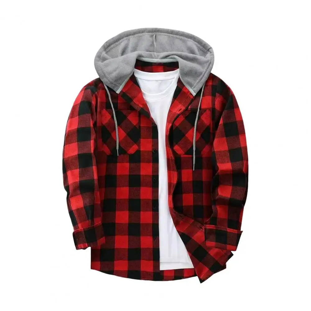 Men Flannel Shirt Plaid Print Hooded Shirt Coat for Wear School Long Sleeves Drawstring Jacket for Fall Spring