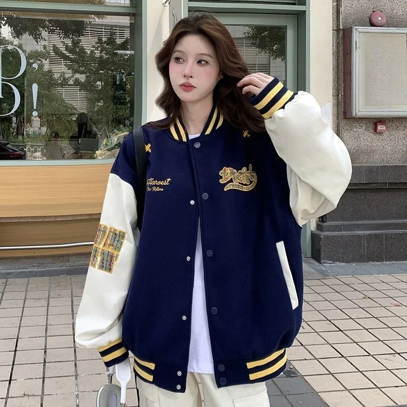 

Loose Fit Baseball Jacket Spring Autumn Vintage Patchwork Embroidered LettersStudent Jacket for Women Versatile Streetwear​