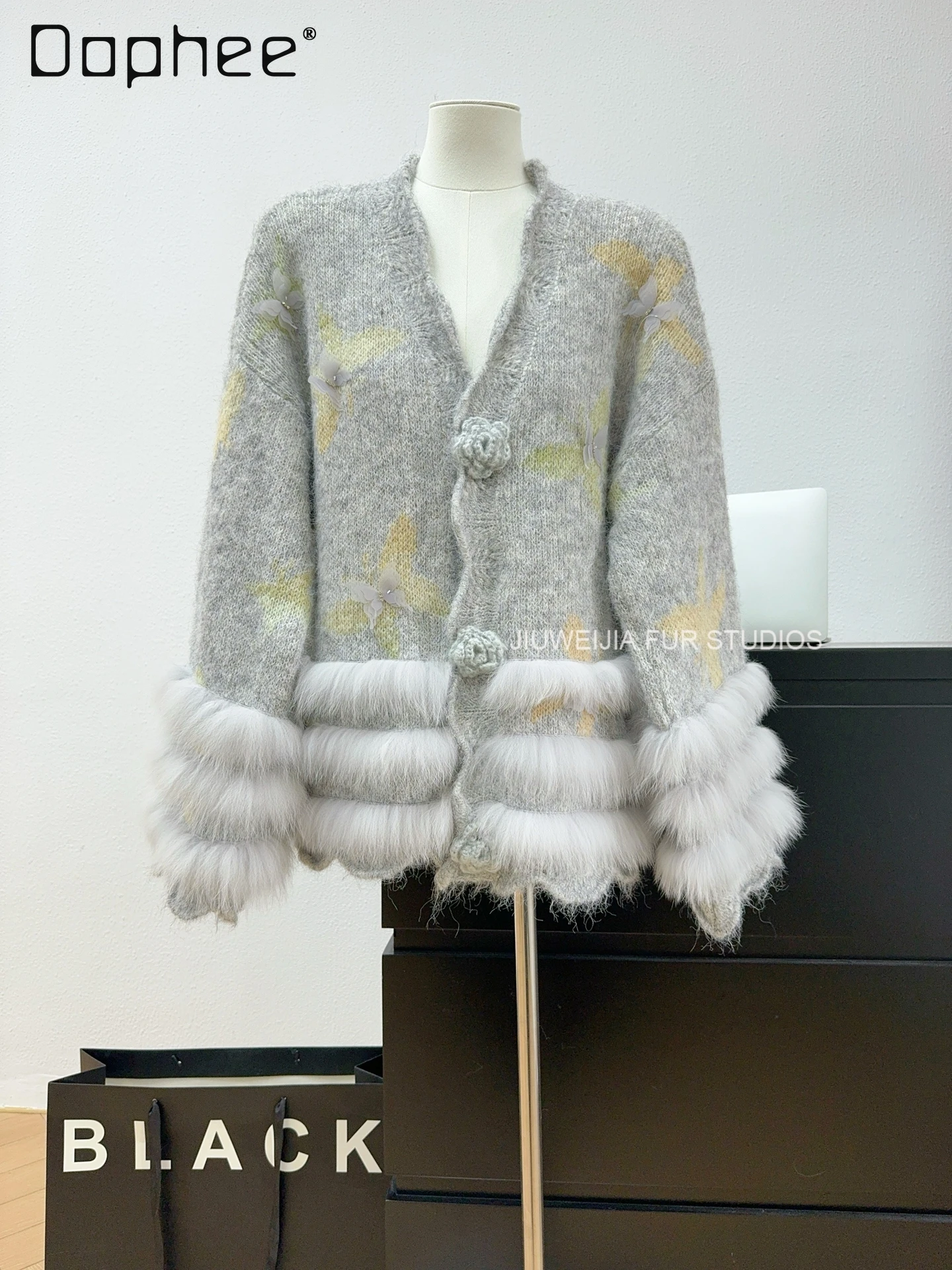 Herbst Winter Neue Süße Sanfte Schmetterling Druck Wolle Fuchs Pelz Verstärktes Strickjacke Pullover Frauen Elegante Mode Weiche Strickjacke