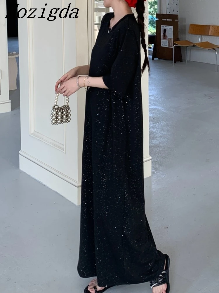 Vestido negro largo suelto con camiseta para mujer, vestido de verano de gran tamaño para mujer, vestido coreano elegante Viatage, Vestidos para mujer