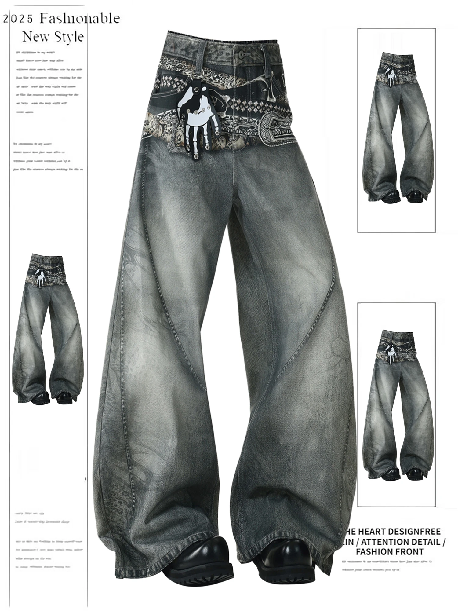 

Y2K Women's Washed Denim Wide Leg Jeans New Fashion Artistic Hand Pattern Print High Waist Vintage Casual Streetwear Trousers