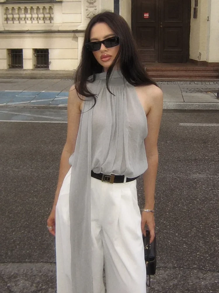 

Elegant Ribbon Chiffon Halter Top Women Chic Sleeveless Off-shoulder High Neck Loose Cropped Blouse Lady Street Party Tops 2026