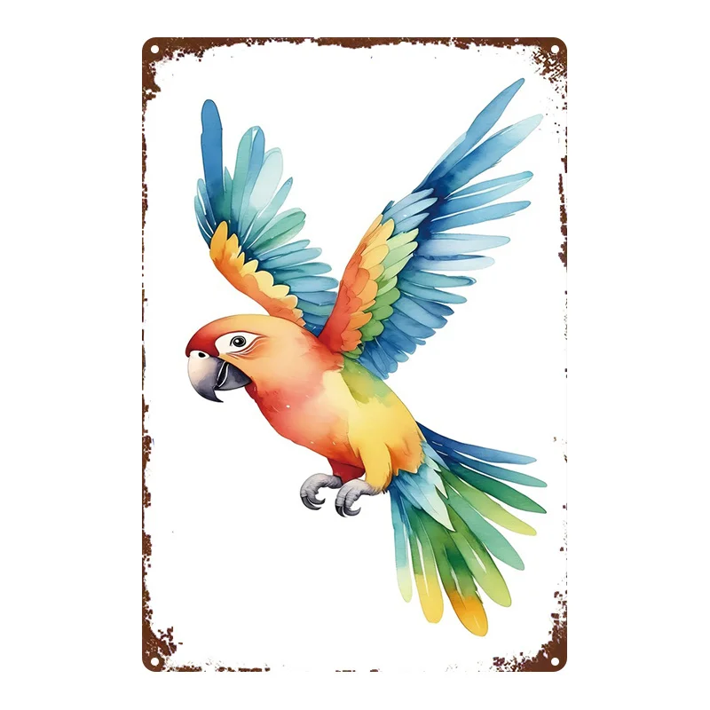 2D Flat, 1pc, Metal Sign, Colorful Parrot Flying Tin Painting Decorative Sign, Distressed Look for Home, Office, Gym, Bedroom De