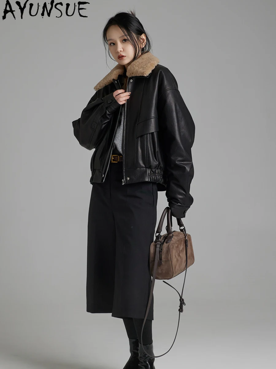 AYUNSUE Top Qualität Echtes Leder Jacke Frauen 2025, Echt Schaffell Frau Mantel Winter Herbst Kleidung Wolle Pelz Kragen Abnehmbare