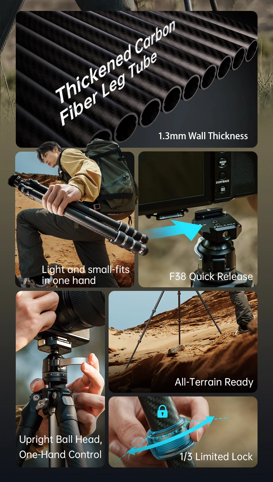 Ulanzi FALCAM TreeRoot Quick Lock Lite Stativ mit F38 Quick Release Upright 360 ° Kugelkopf für DSLR-Kamera, Reisen, Livestreaming – Detail 2