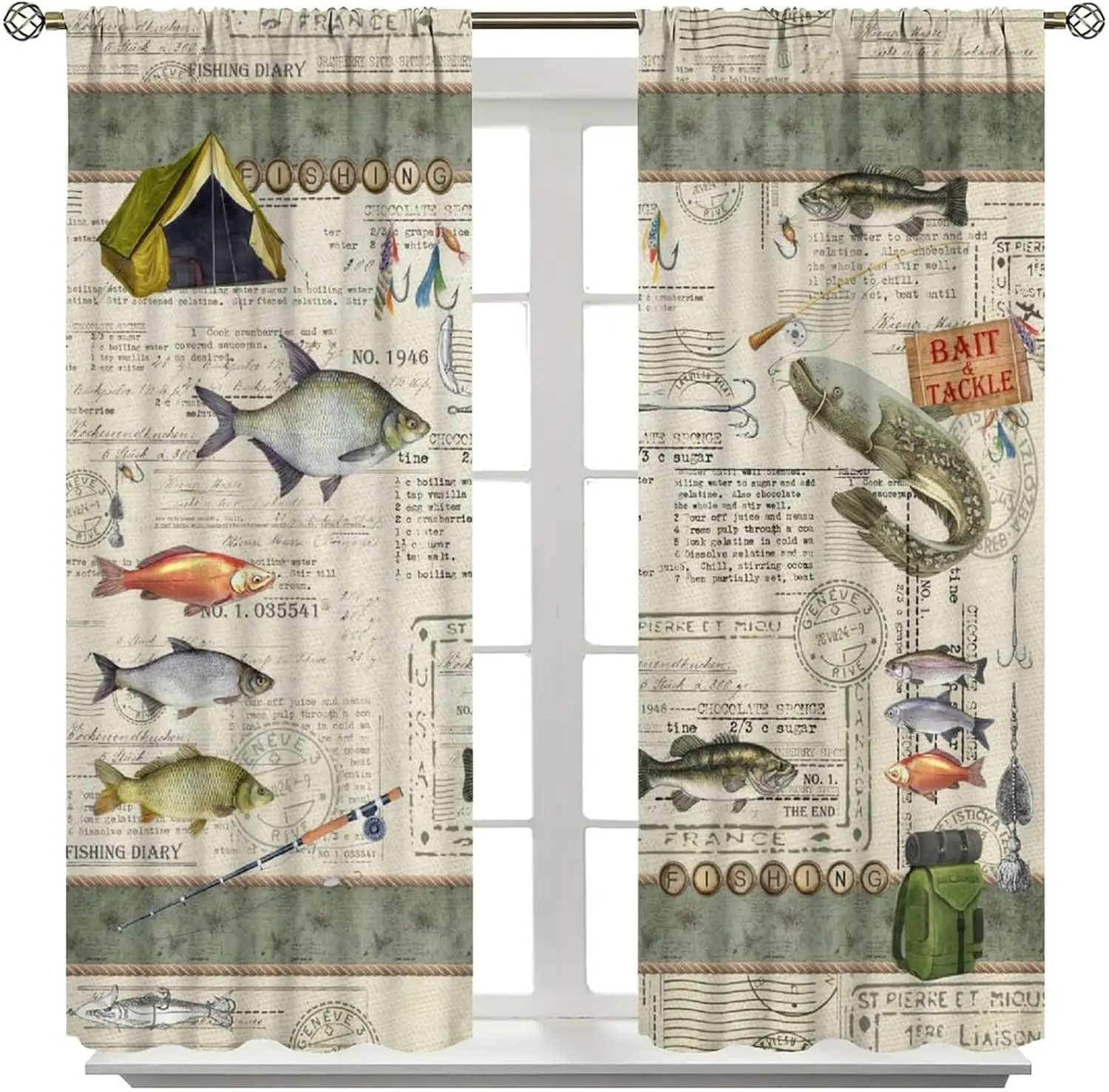 Rustic Fishing Curtains, Vintage Hunting Forest Lodge Old Newspaper Bass Fishing Gear Window Drapes for Bedroom Living Room