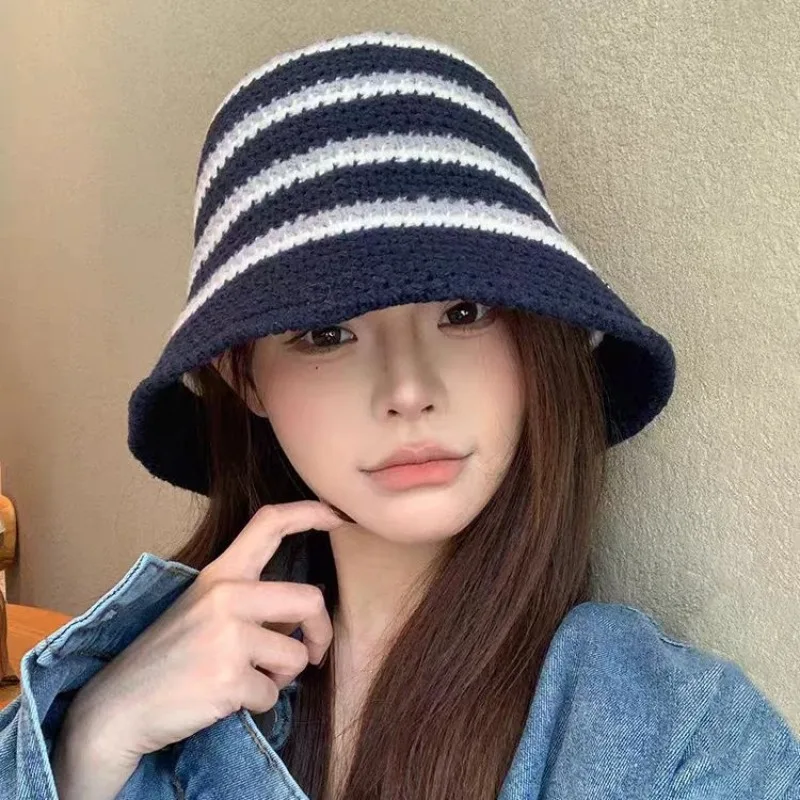 Fashion Plain Bucket Hat for Women Early Autumn Striped Knitted Strap Hat Simple Versatile Sunshade Casual Lightweight