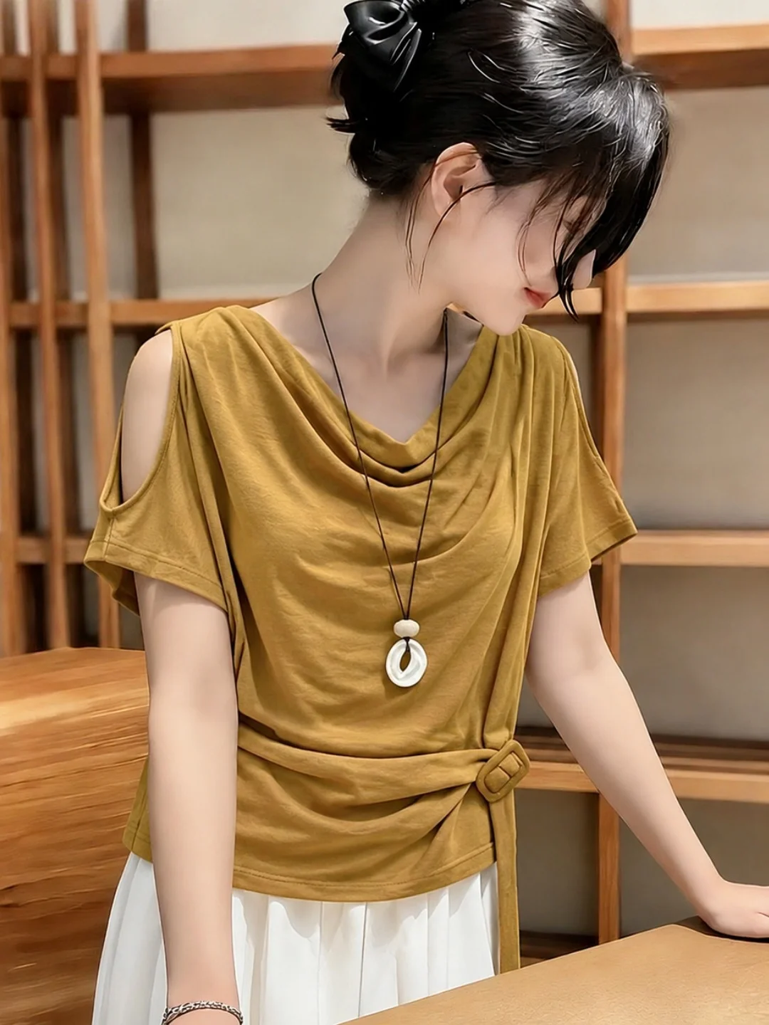 

Korean Style Loose Fit Short Sleeve T-Shirt Shoulder Bared Belted Waist Slimming Women's Summer Fashion Top Sense