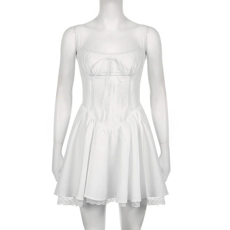 IAMHOTTY-Vestido corto de encaje sin mangas para mujer, minivestido de corte en A con Panel de encaje de alta calidad, color blanco, elegante y dulce, novedad