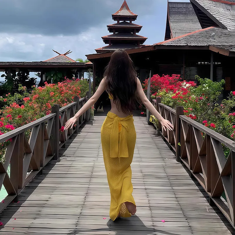 Damski strój kąpielowy tankini na lato 2025, słodki kostium kąpielowy 3-częściowy/zestaw, ochrona przed słońcem, seksowna długa sukienka, odzież plażowa na wakacje, cienki strój kąpielowy.