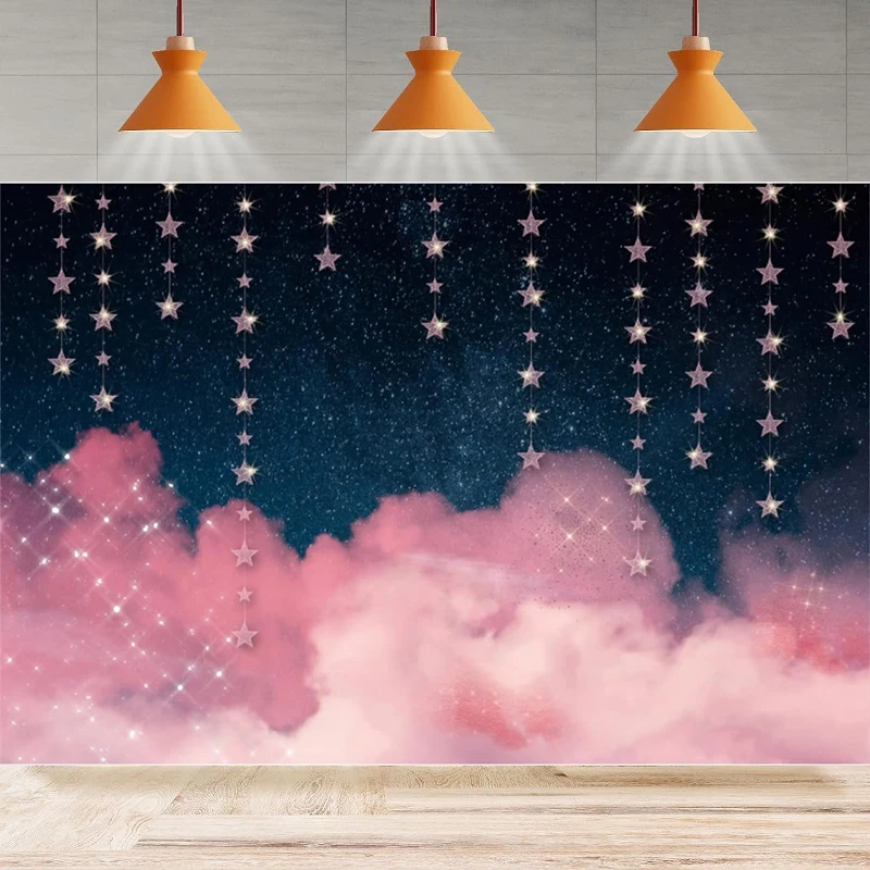 

Фон для фотосъемки с маленькой звездой, мечтательные розовые облака, фэнтезийный фон со звездным ночным небом, детский фон для дня рождения, настенный фон для бана